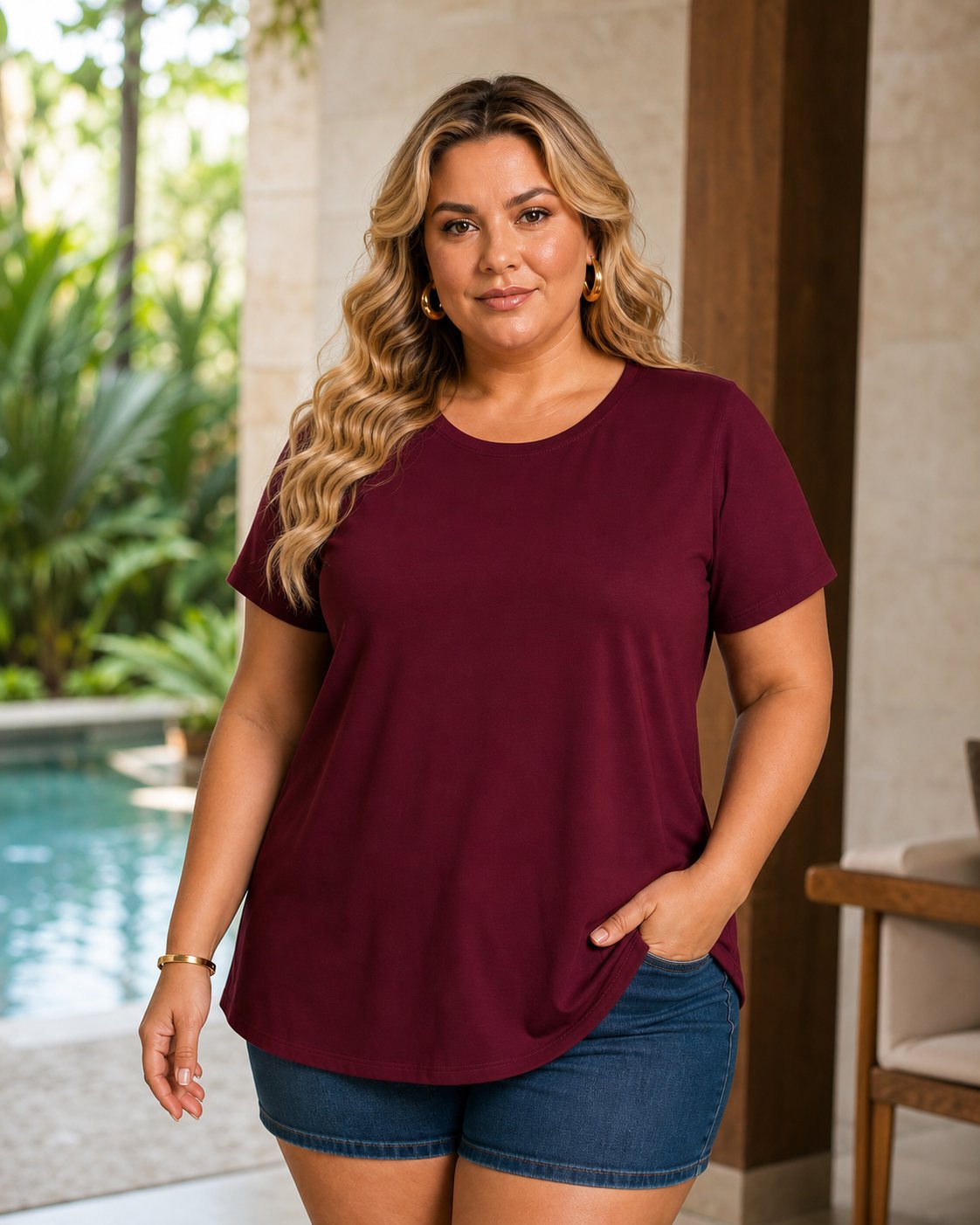 BLUSA FEMININA PLUS SIZE MANGA CURTA BMM-100 MARRIE PRETO 48 VINHO