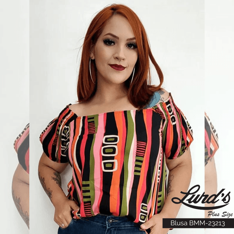 BLUSA FEMININA PLUS SIZE MANGA CURTA BMM-23213 MARRIE ONCINHA 46 LISTRA PRETO