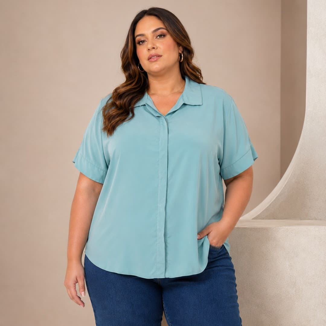 Camisa Feminina Plus Size Manga Curta Ref C0384 Azul AZUL