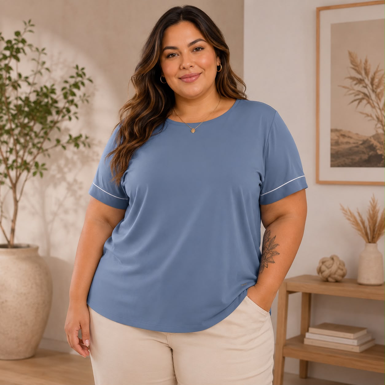 Blusa Feminina Plus Size Manga Curta C5130 Azul AZUL