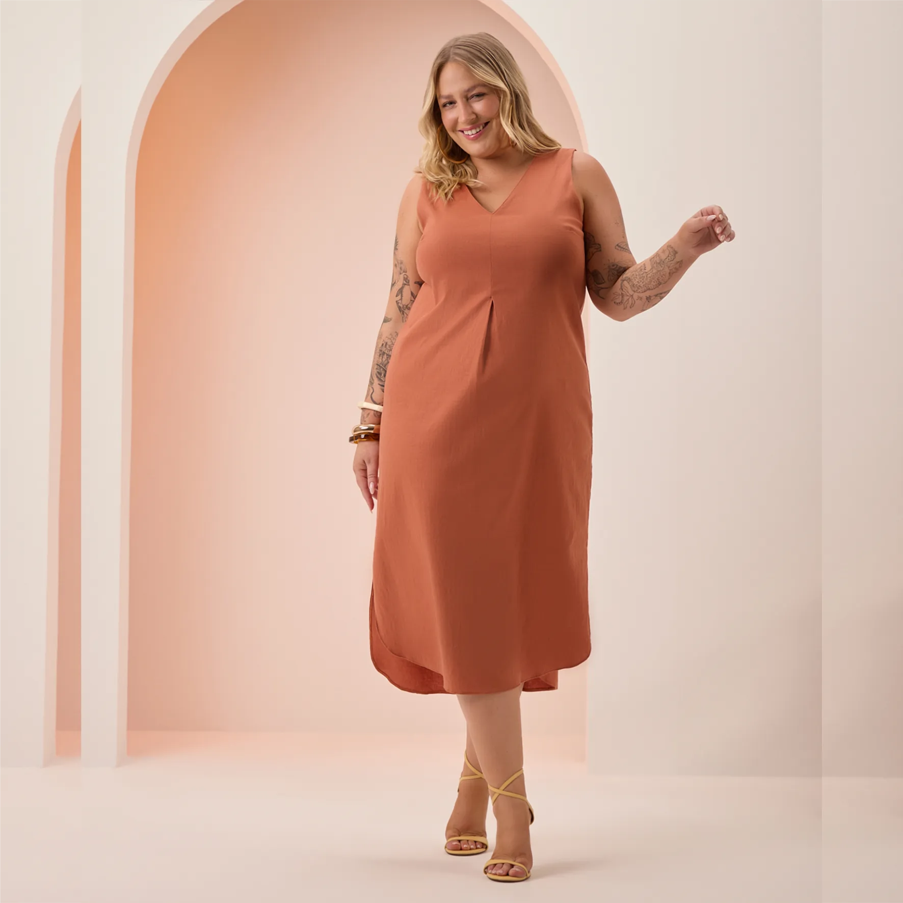 Vestido Mid Plus Size Sem Manga Ref C5158 Terracota TERRACOTA