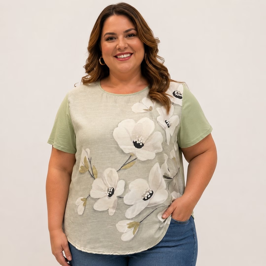 Blusa Feminina Plus Size Manga Curta Ref C8140 Verde VERDE