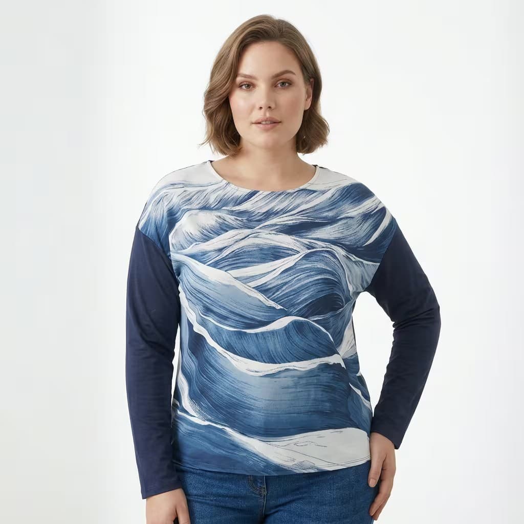 Blusa Feminina Plus Size Manga Longa Ref C8165 Estampa Azul ESTAMPA AZUL