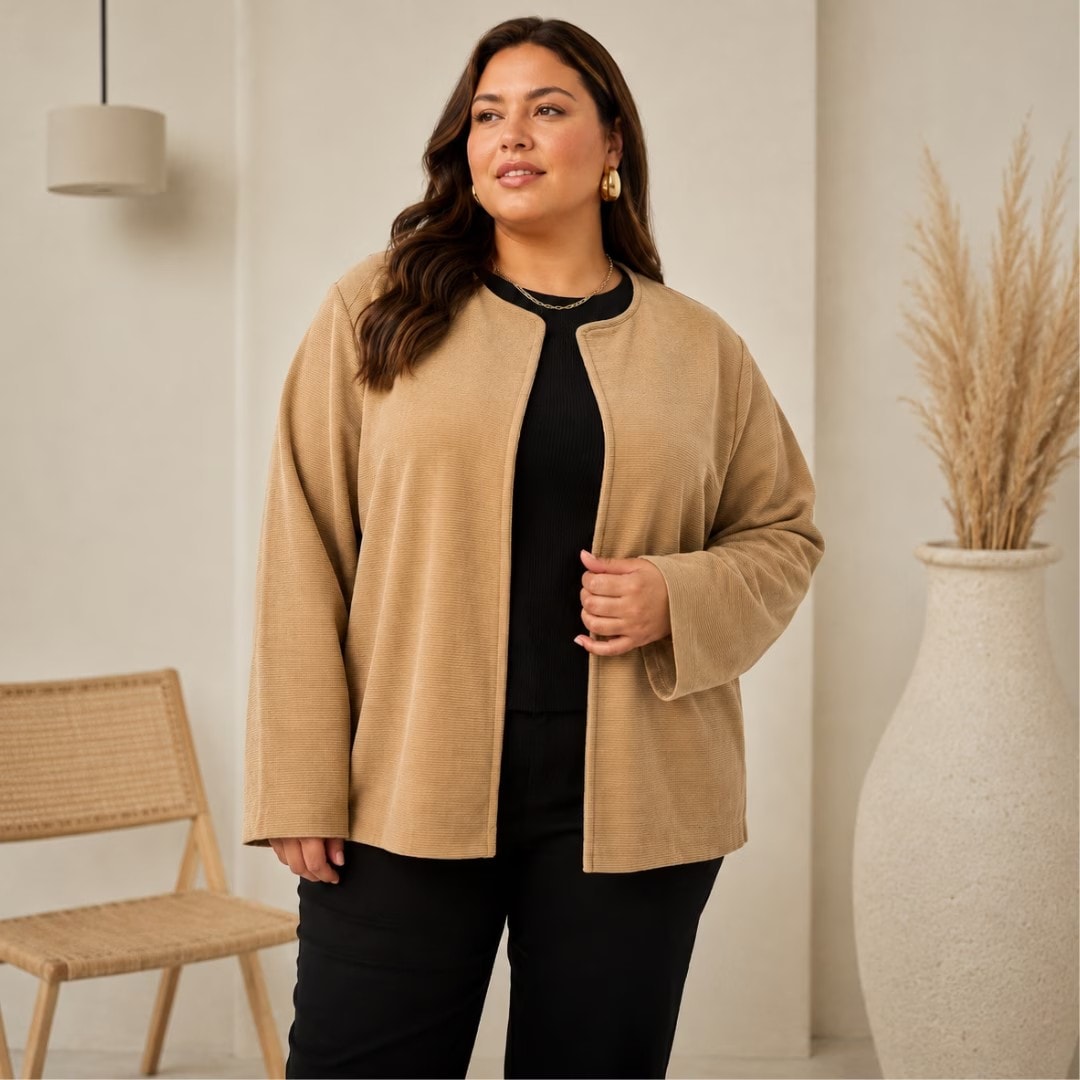 Cardigã Feminino Plus Size Moletinho Ref C8176 Bege BEGE