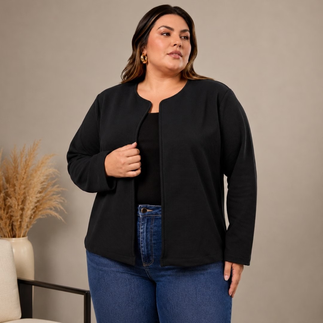 Cardigã Feminino Plus Size Moletinho Ref C8176 Bege PRETO