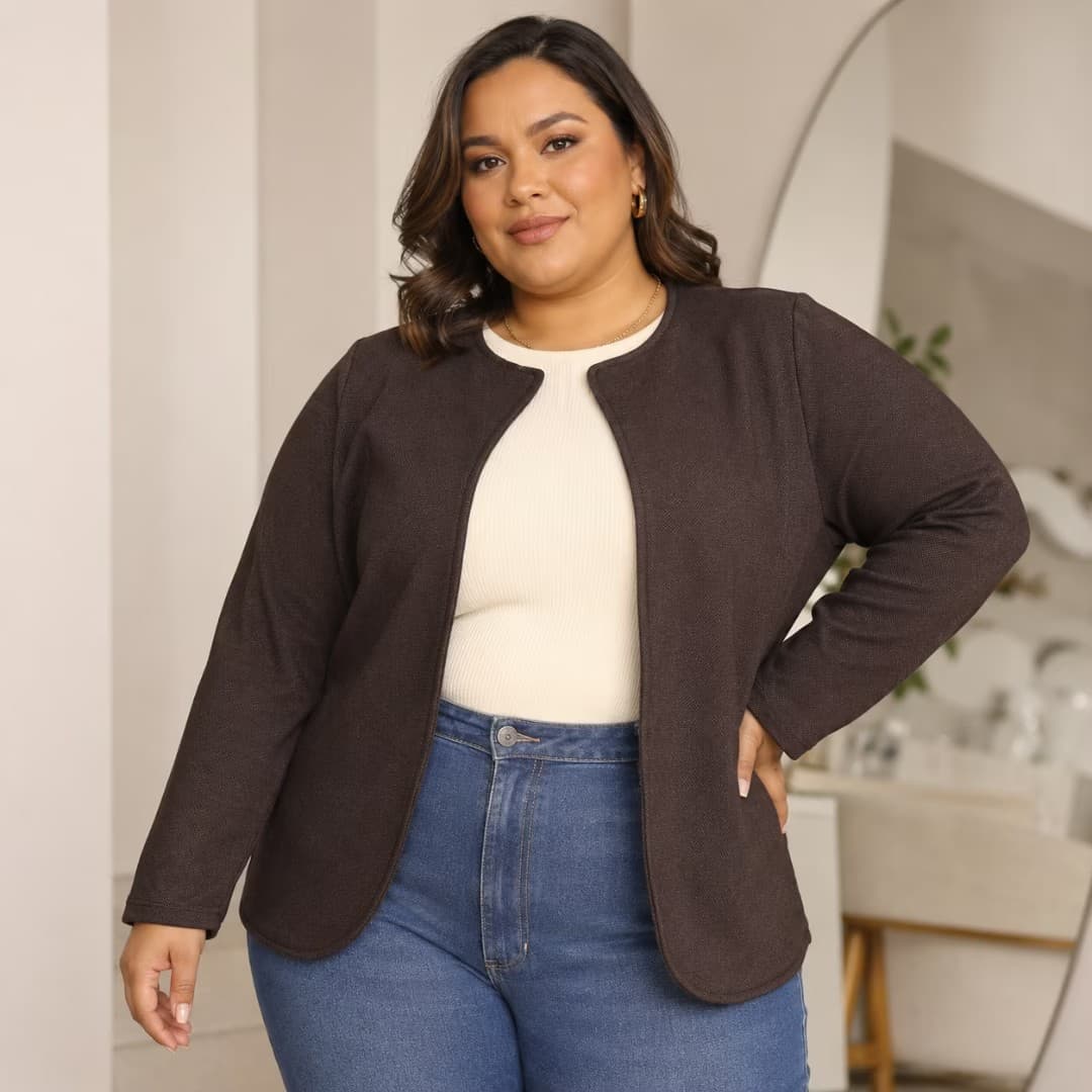 Cardigã Feminino Plus Size Moletinho Ref C8177 Marrom MARROM