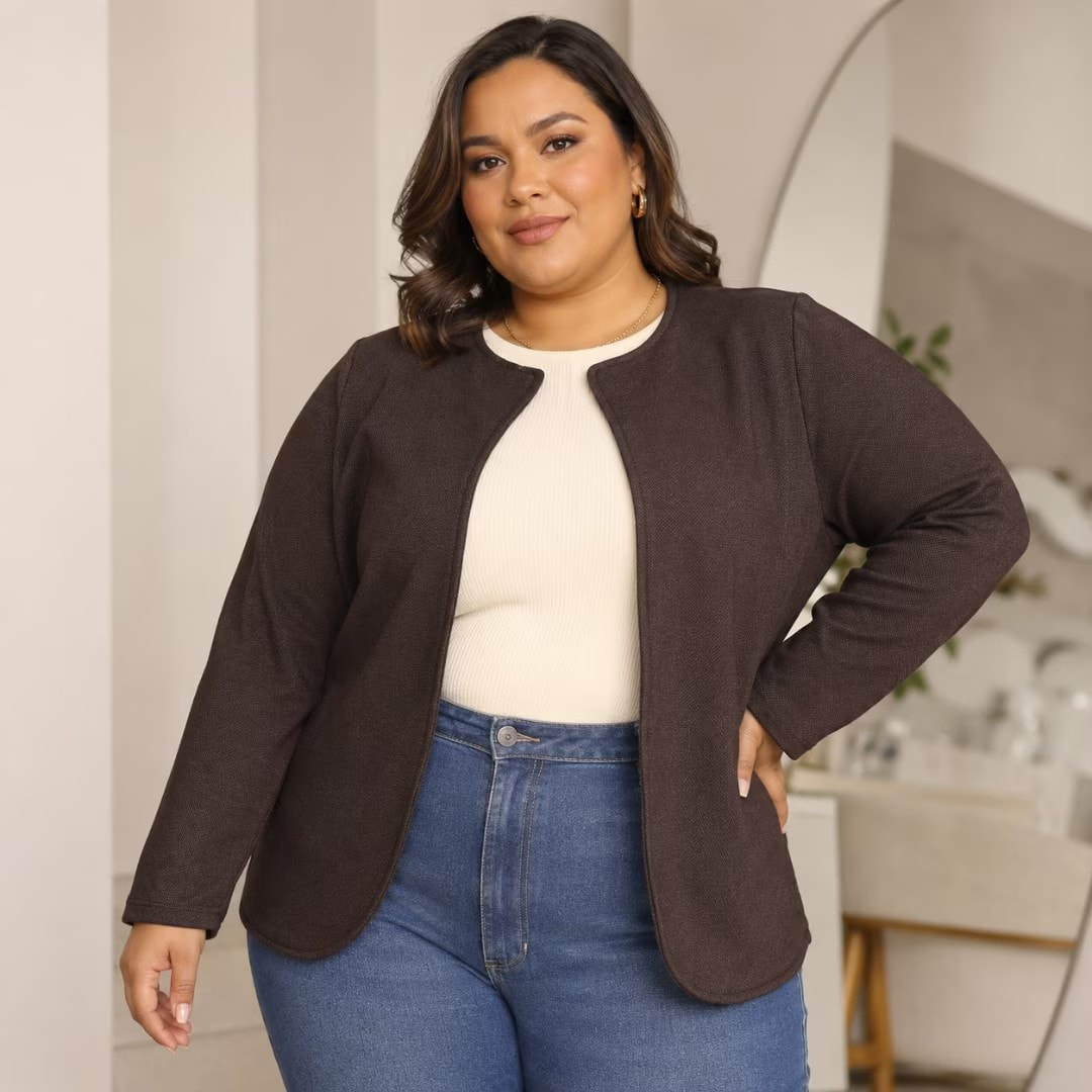 Cardigã Feminino Plus Size Moletinho Ref C8177 Marrom MARROM