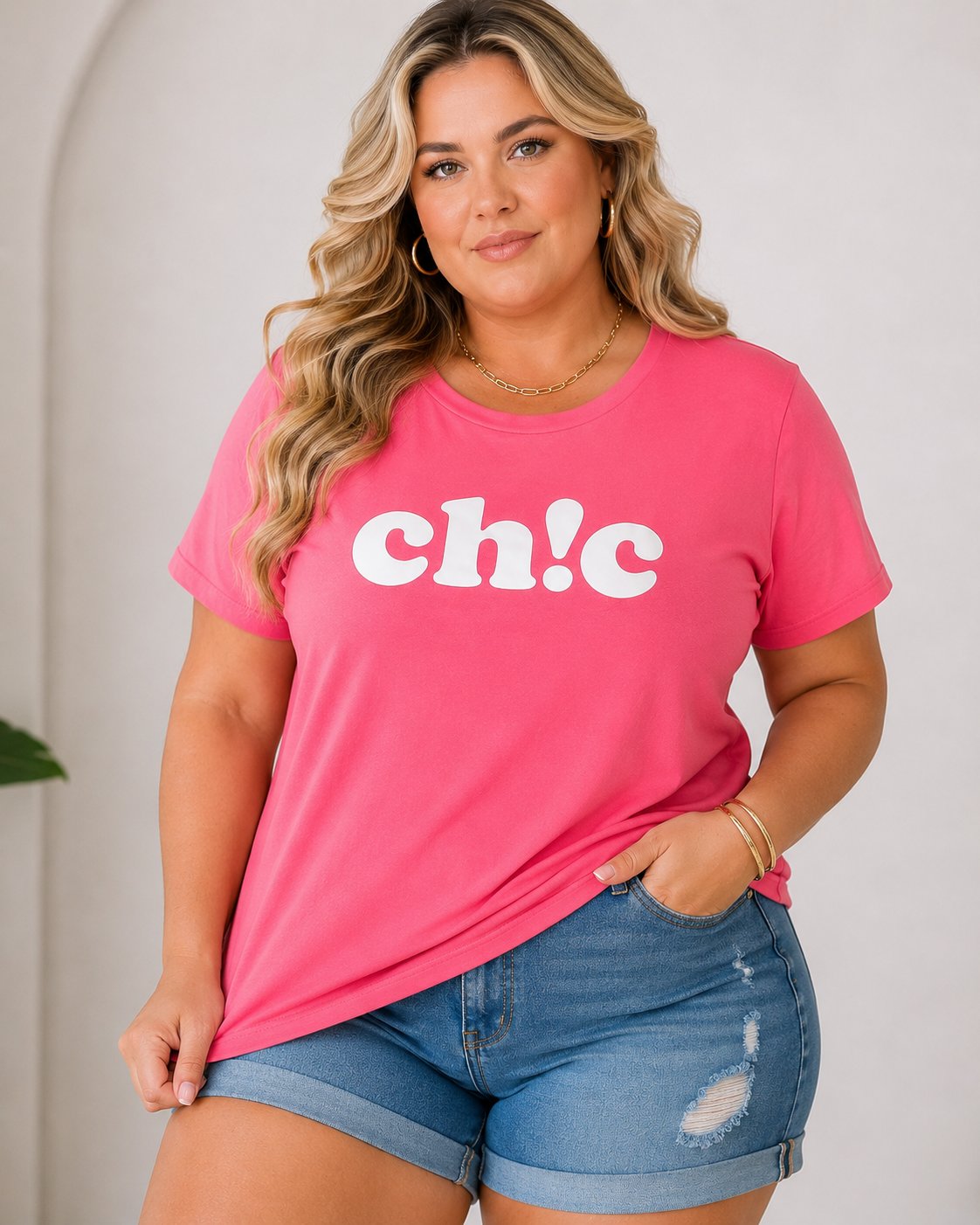 Blusa Feminina Manga Curta Plus Size Ref Chic Goiaba GOIABA