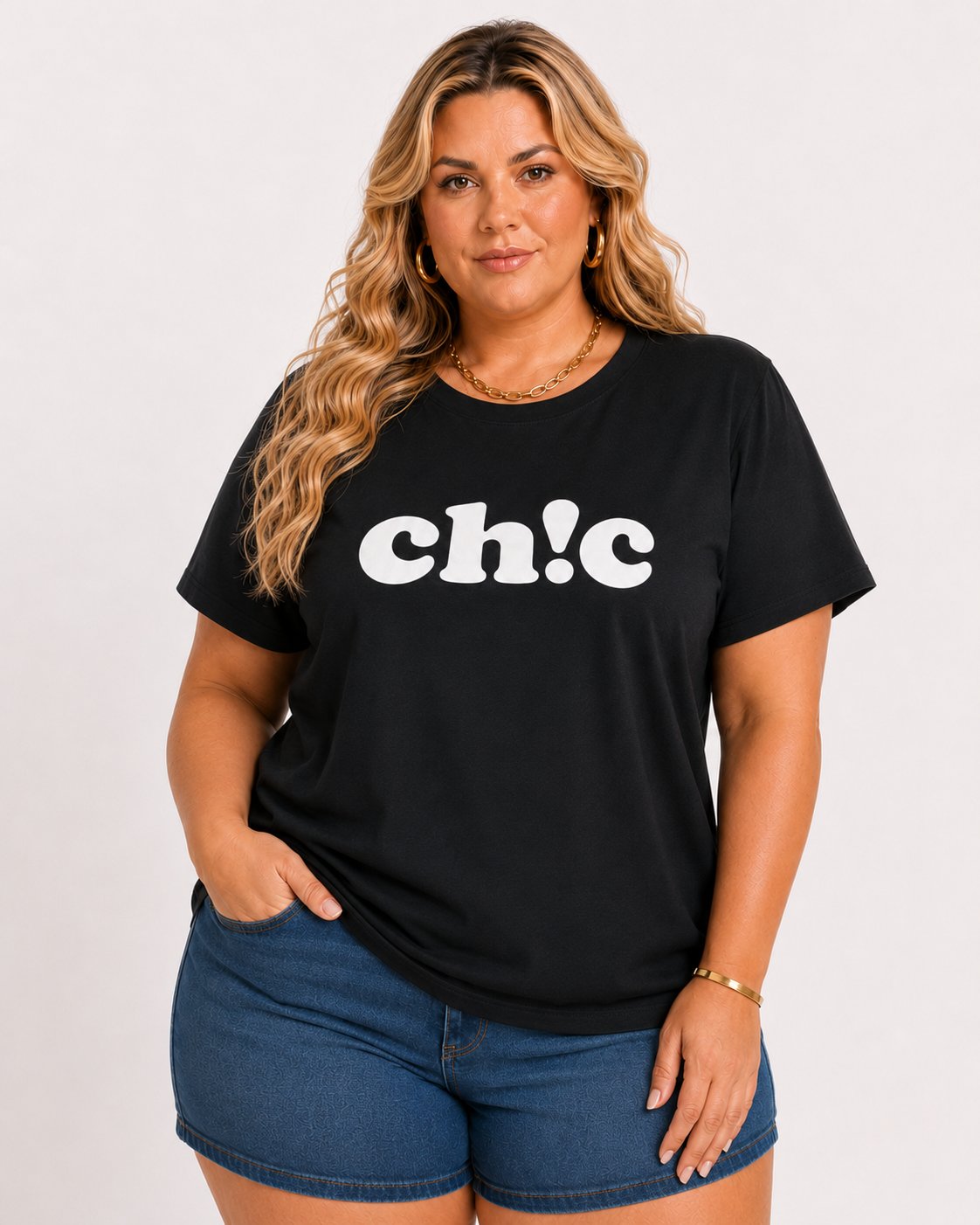 Blusa Feminina Manga Curta Plus Size Ref Chic Goiaba PRETO
