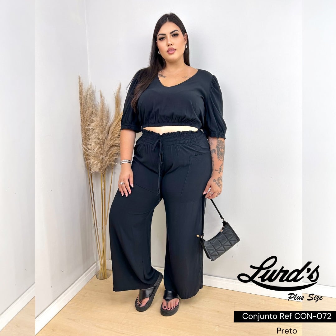 CONJUNTO FEMININO PLUS SIZE CALÇA + CROPPED CON-072 MARRIE VERDE 46 PRETO