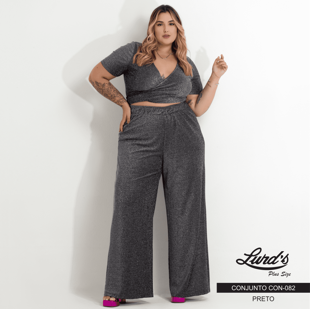 Conjunto Feminino Plus Size Pantalona + Cropped Manga Curta Ref. CON-082 Preto PRETO