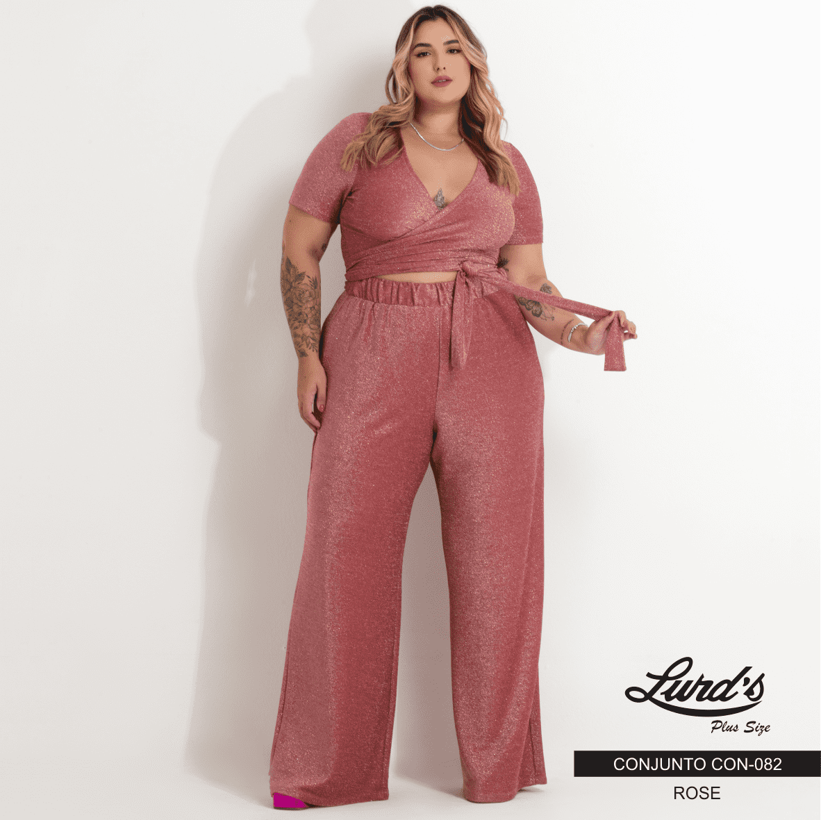 Conjunto Feminino Plus Size Pantalona + Cropped Manga Curta Ref. CON-082 Preto ROSE