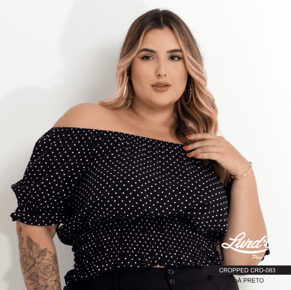 CROPPED FEMININO PLUS SIZE MANGA CURTA CRO-083 MARRIE POA PRETO 46 POA PRETO
