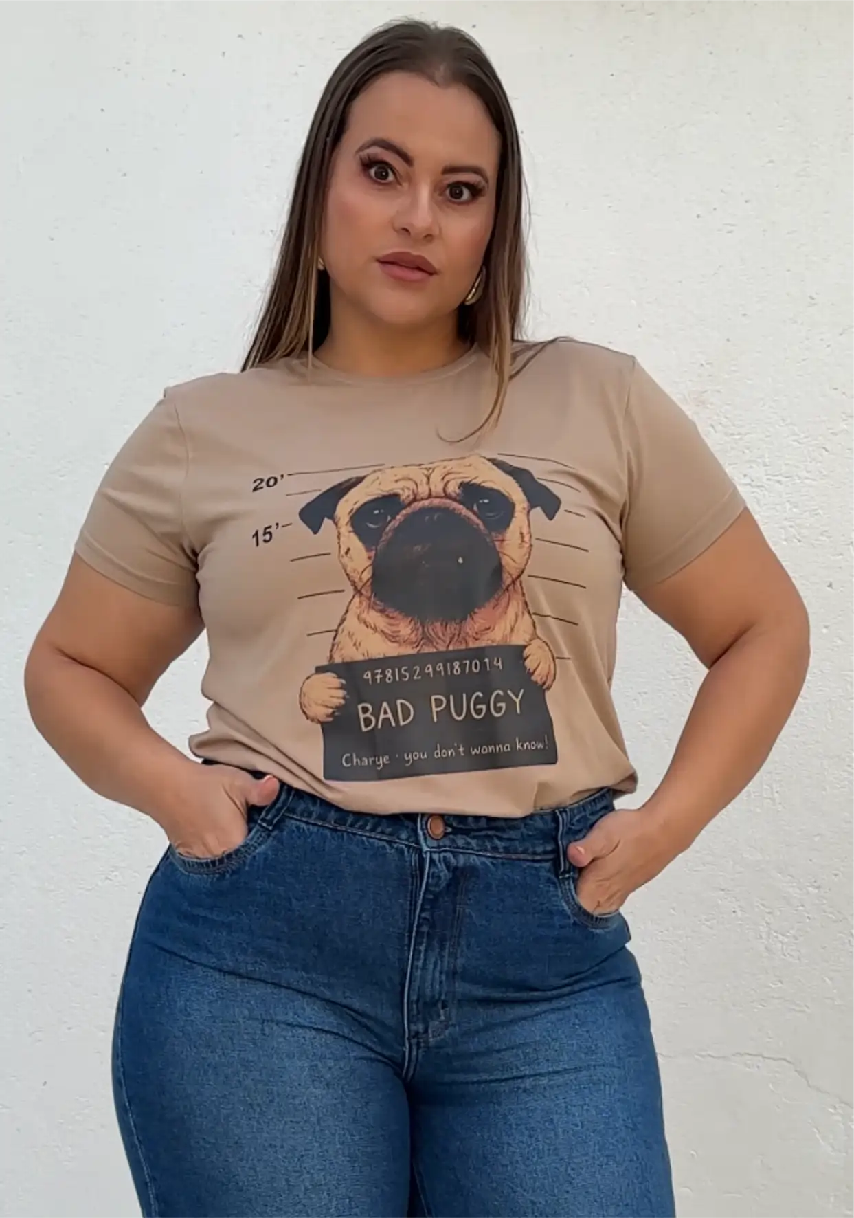 BLUSA FEMININA MANGA CURTA PLUS SIZE PUGGY BEGE MOCHA 46 MARRIE BEGE MOCHA