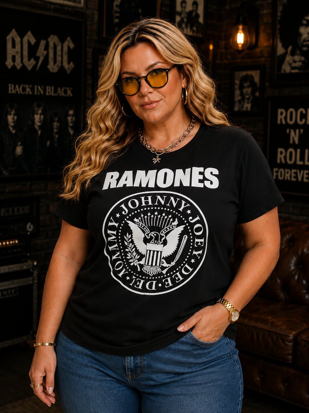T-Shirt Feminina Plus Size Manga Curta RAMONES Preto PRETO