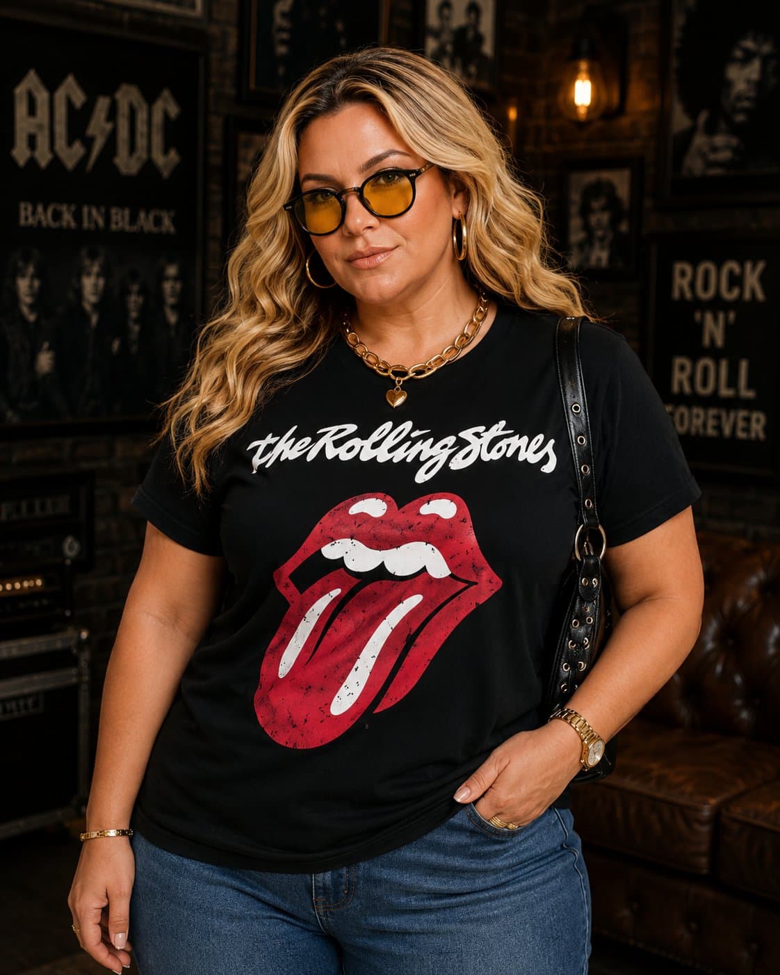 T-Shirt Feminina Plus Size Manga Curta Rolling Stones Preto MIA PRETO