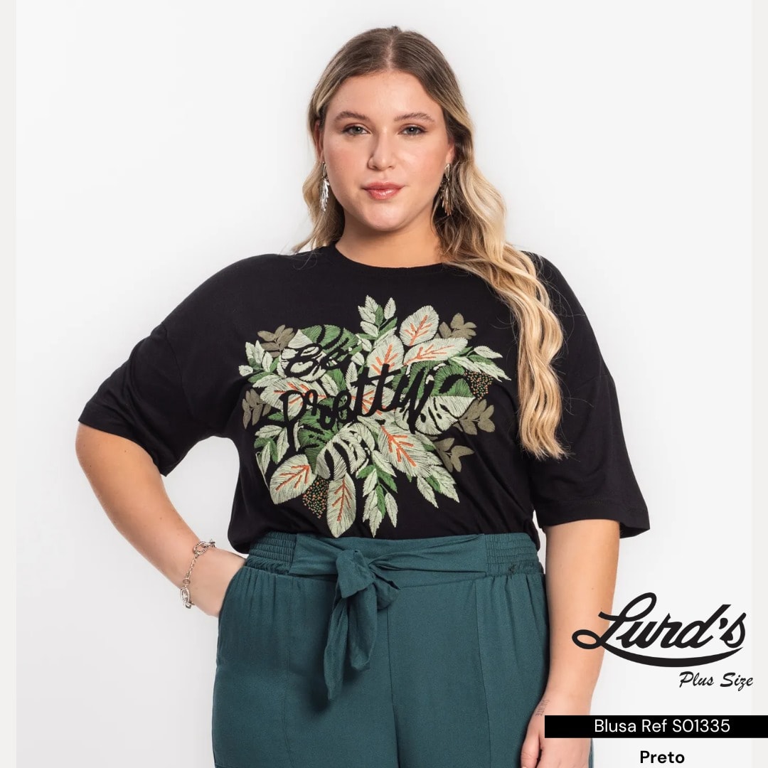 BLUSA FEMININA PLUS SIZE MANGA CURTA S01335 ROVITEX PRETO 46 48 PRETO