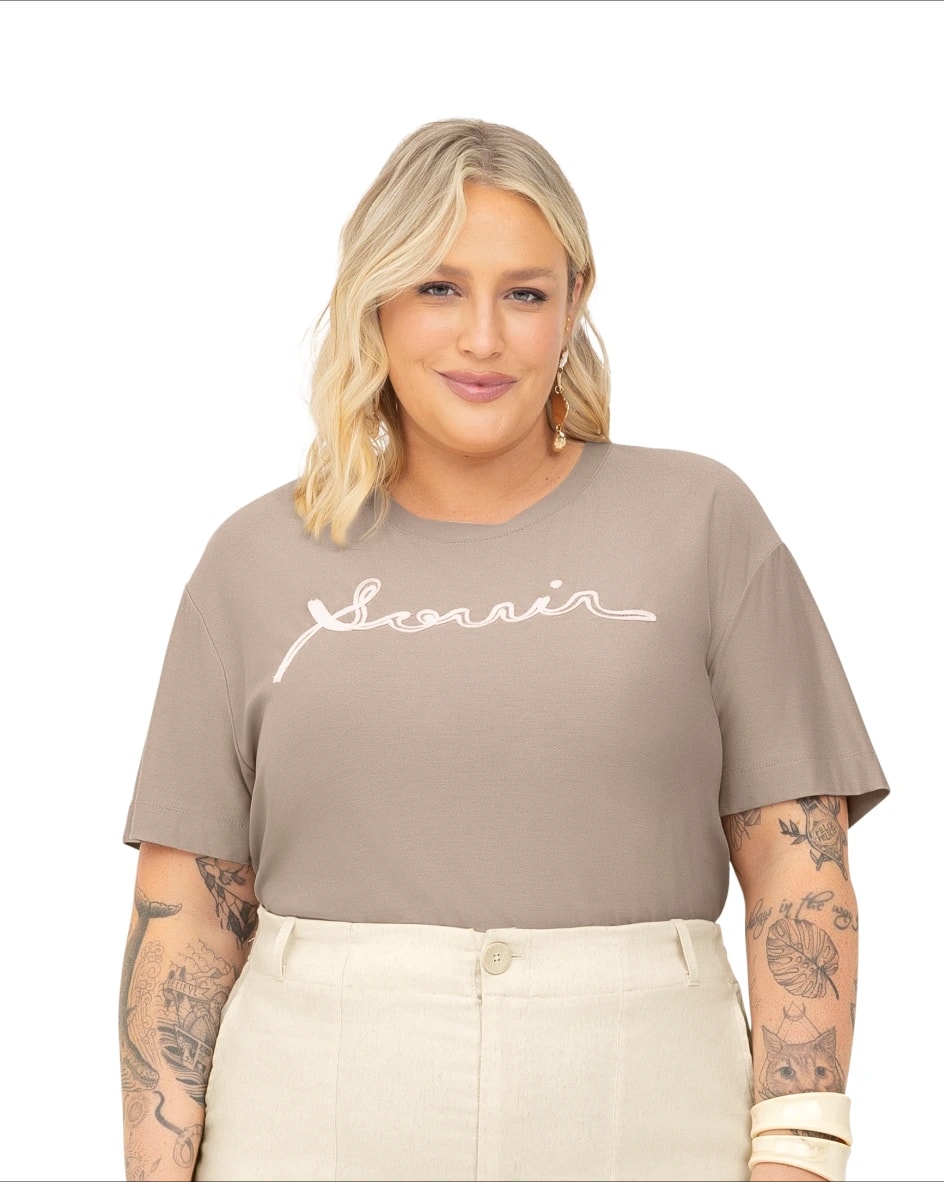BLUSA FEMININA MANGA CURTA PLUS SIZE S01787 BEGE 46/48 ROVITEX BEGE