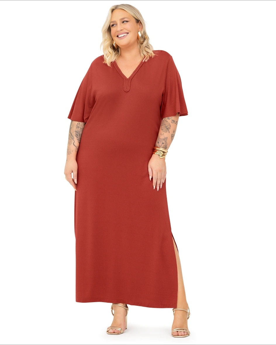 Vestido Manga Curta Plus Size Ref S01802 Cor Telha TELHA