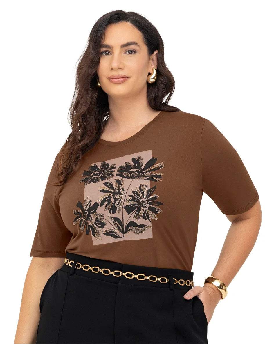BLUSA FEMININA MANGA CURTA PLUS SIZE S01803 MARROM 46/48 ROVITEX MARROM