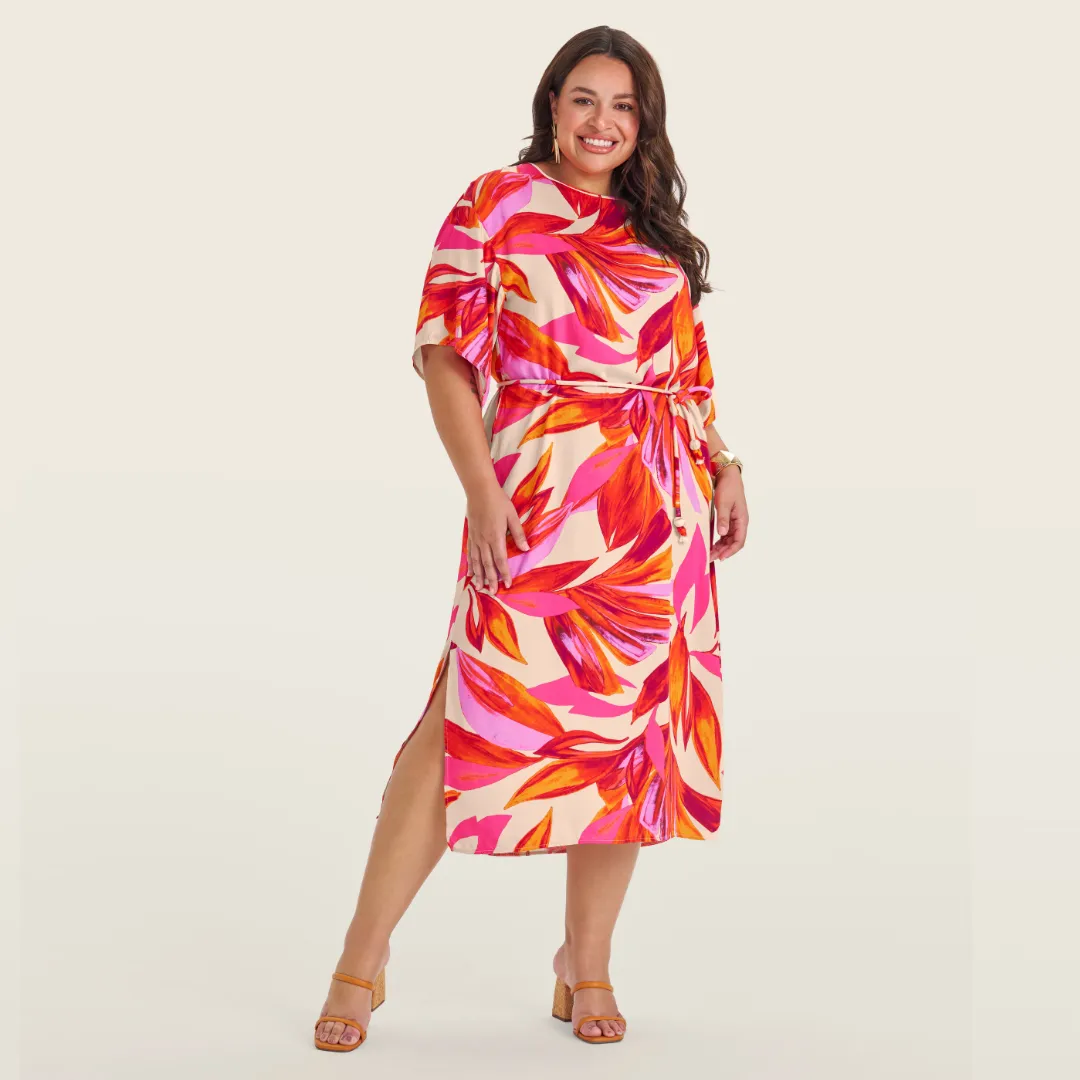 Vestido Mid Manga Curta Plus Size Ref S01886 Estampa Pink TINA ESTAMPA PINK