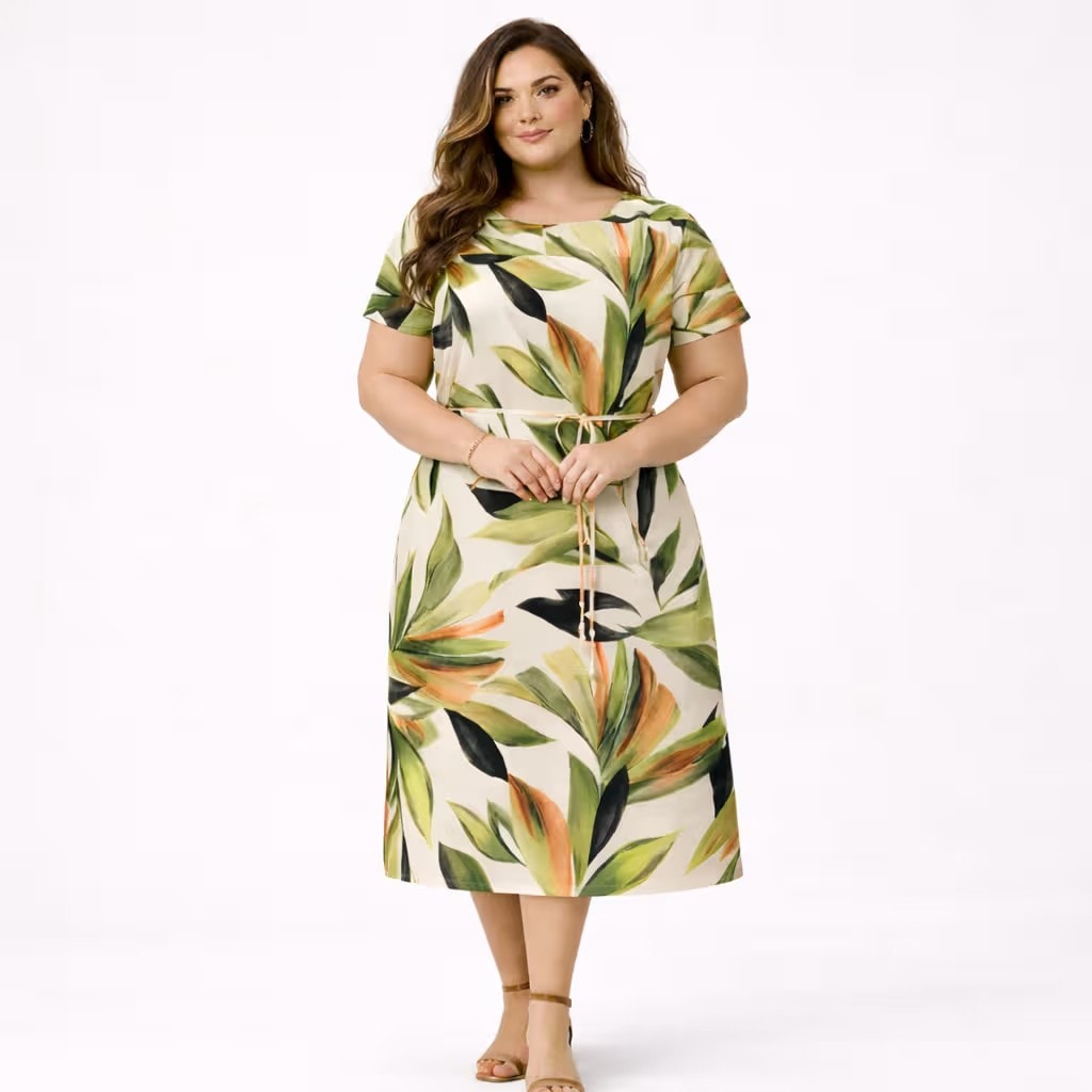 Vestido Mid Manga Curta Plus Size Ref S01886 Estampa Pink TINA ESTAMPA VERDE