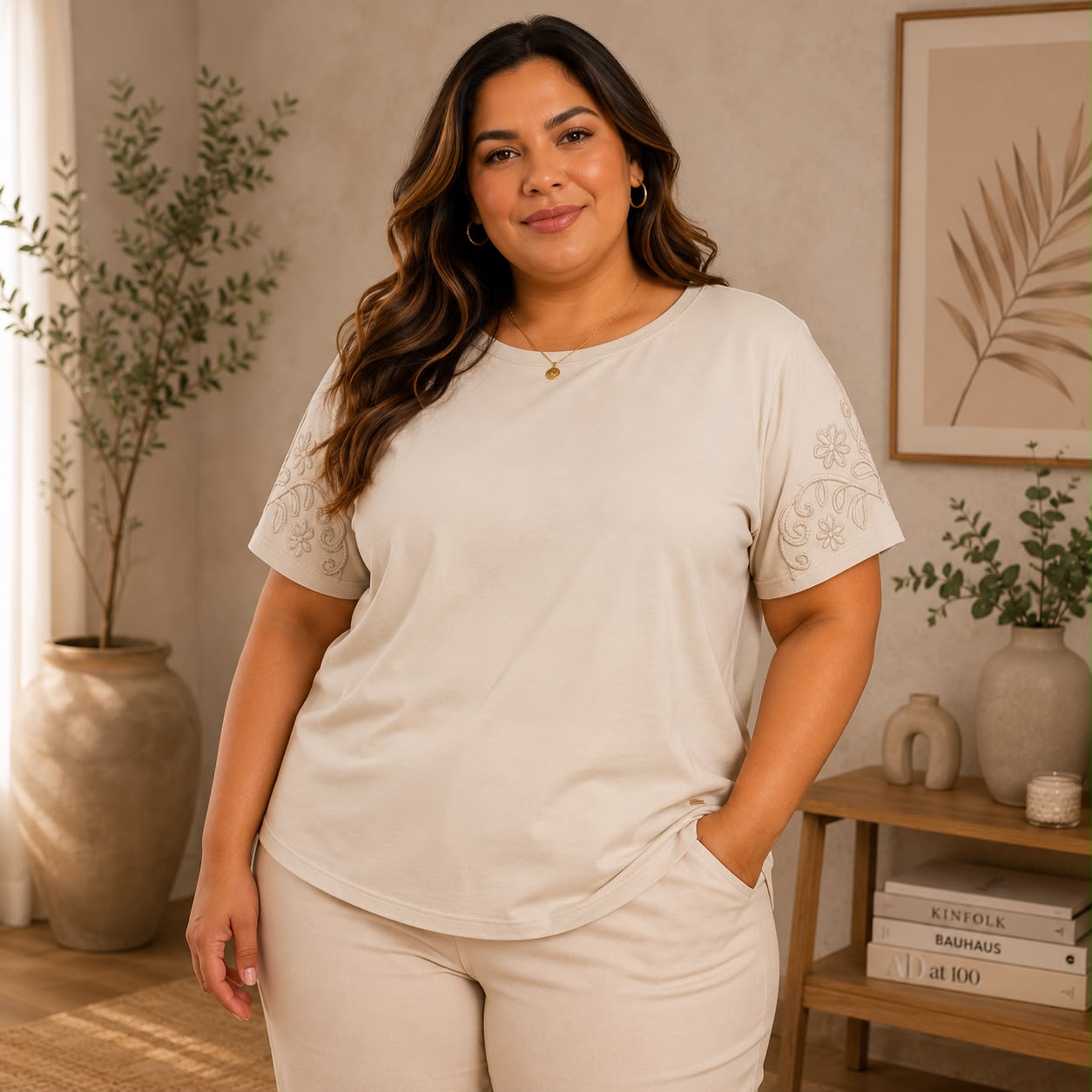 Blusa Feminina Manga Curta Plus Size Ref S01895 Bege BEGE