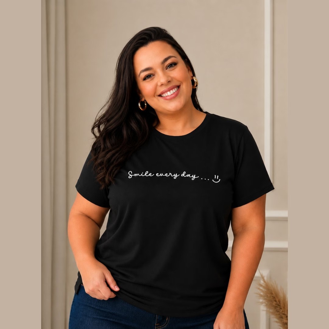 Blusa Feminina Manga Curta Plus Size Ref Smile Manteiga PRETO