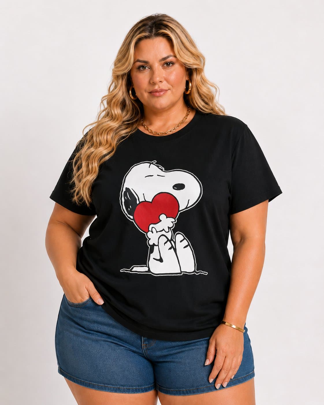 T-Shirt Feminina Plus Size Manga Curta Ref SNOOPY-001 Preto LEDA PRETO