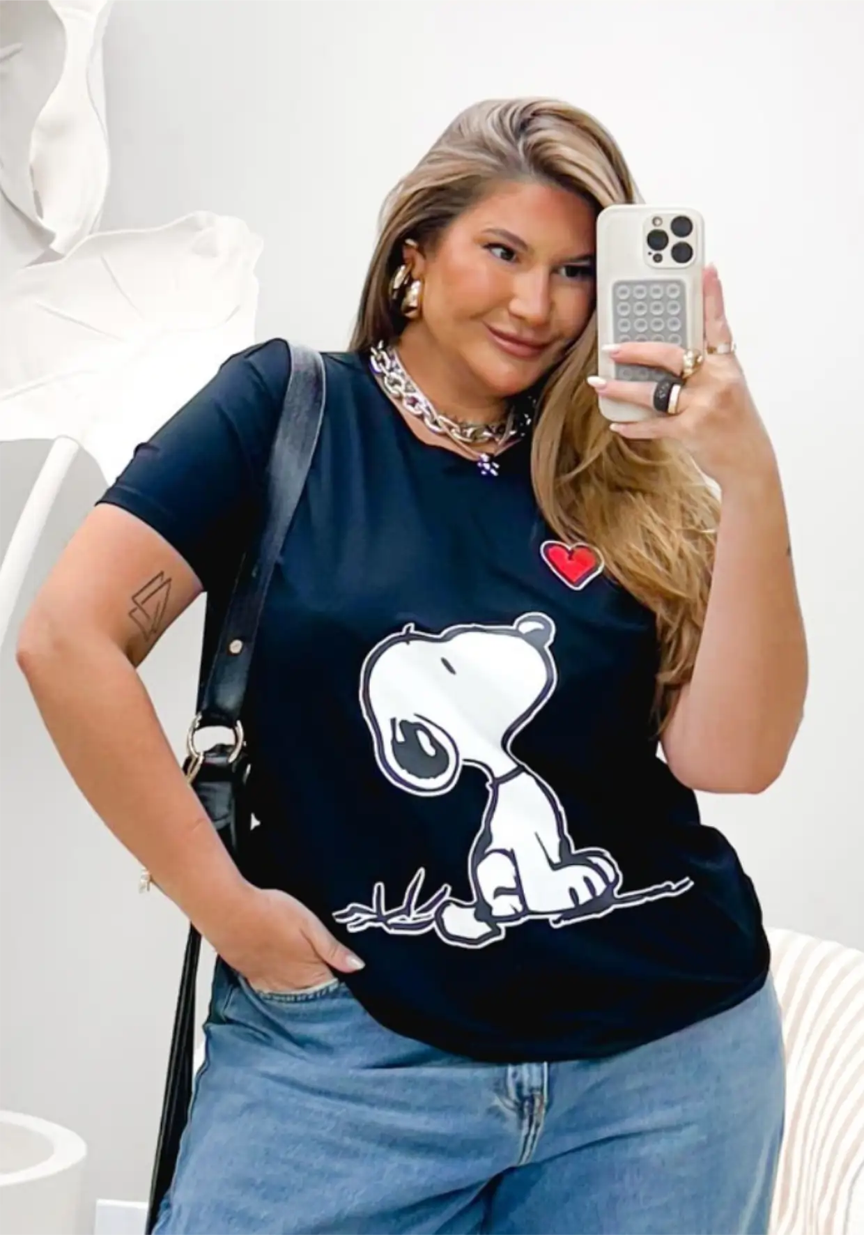 BLUSA FEMININA PLUS SIZE MANGA CURTA SNOOPY-002 MARRIE PRETO 46 PRETO