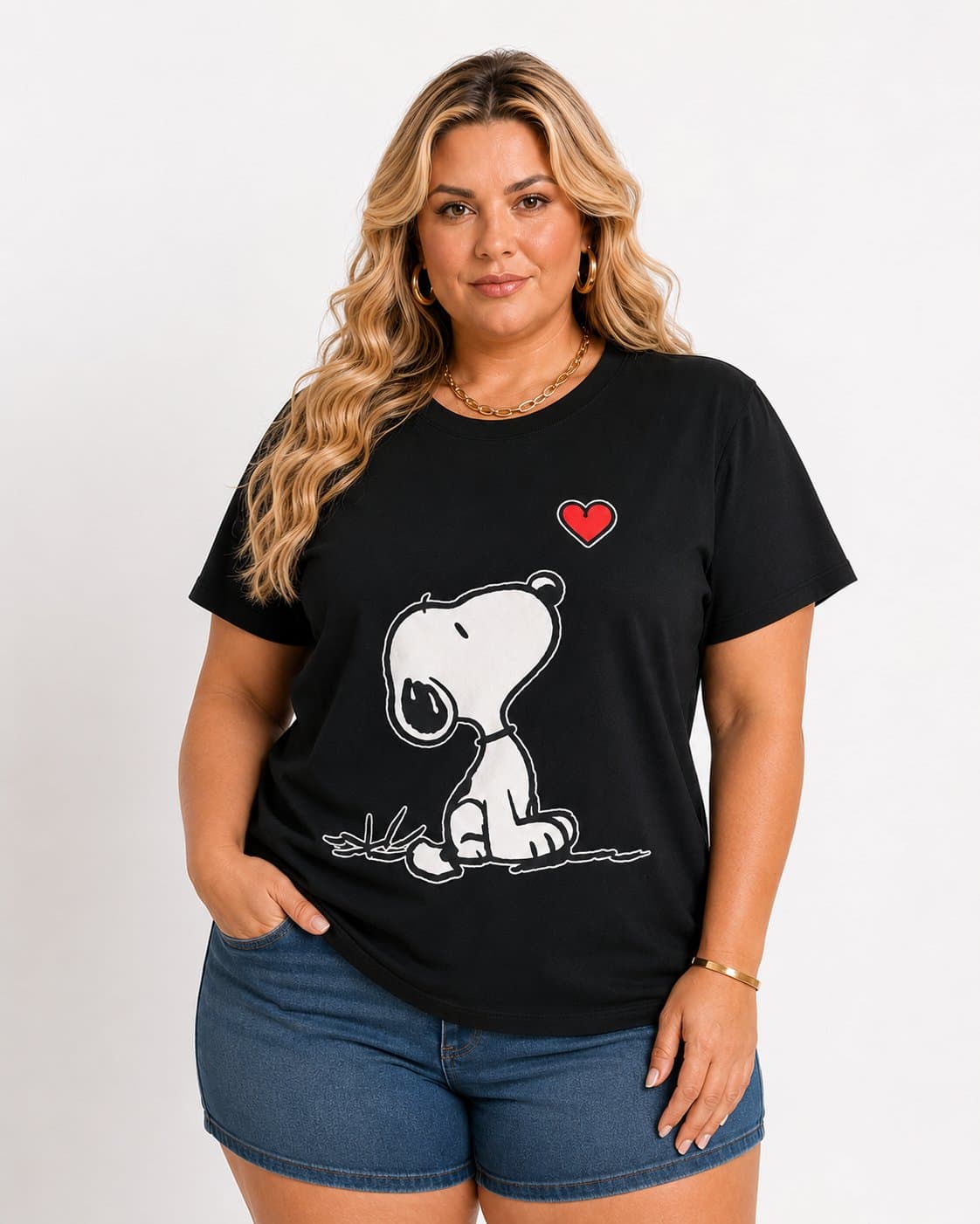 BLUSA FEMININA PLUS SIZE MANGA CURTA SNOOPY-002 MARRIE PRETO 46 PRETO