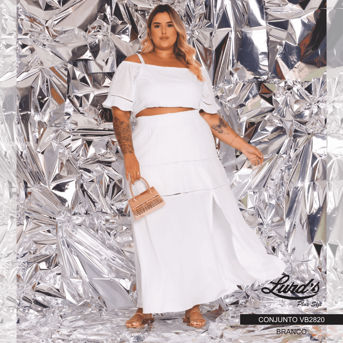 CONJUNTO FEMININO PLUS SIZE SAIA + CROPPED VB2820 VIA BRASIL BRANCO 46 BRANCO