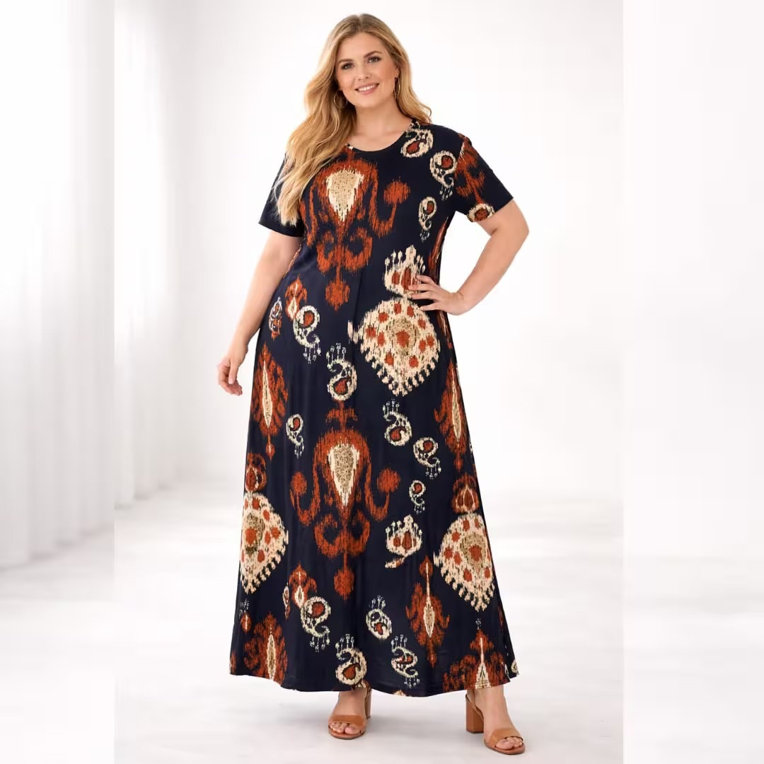 VESTIDO LONGO MANGA CURTA PLUS SIZE ESTAMPADO VLM222EST MARRIE ESTAMPA MARINHO