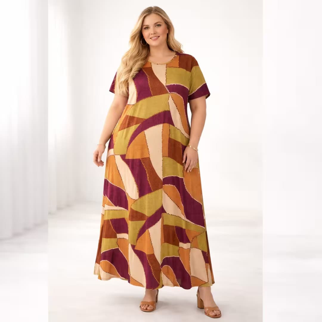 VESTIDO LONGO MANGA CURTA PLUS SIZE ESTAMPADO VLM222EST MARRIE ESTAMPA VINHO