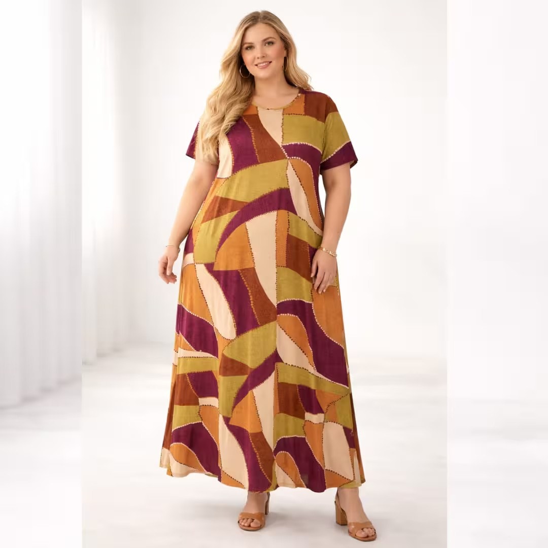 VESTIDO LONGO MANGA CURTA PLUS SIZE ESTAMPADO VLM222EST MARRIE ESTAMPA VINHO