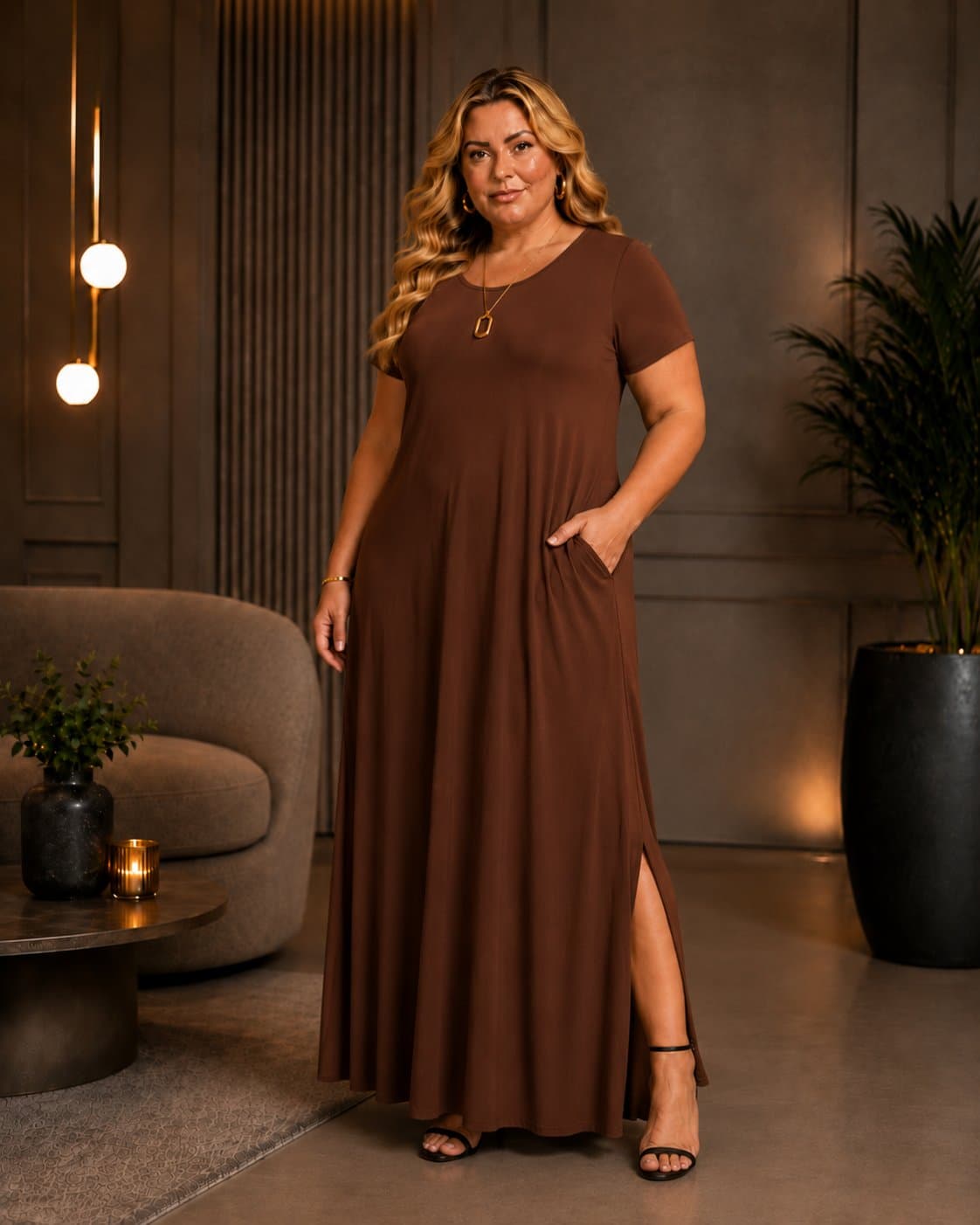 VESTIDO LONGO MANGA CURTA PLUS SIZE VLM-222 PRETO 46 MARRIE MARROM