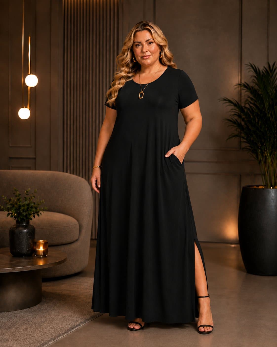 VESTIDO LONGO MANGA CURTA PLUS SIZE VLM-222 PRETO 46 MARRIE PRETO
