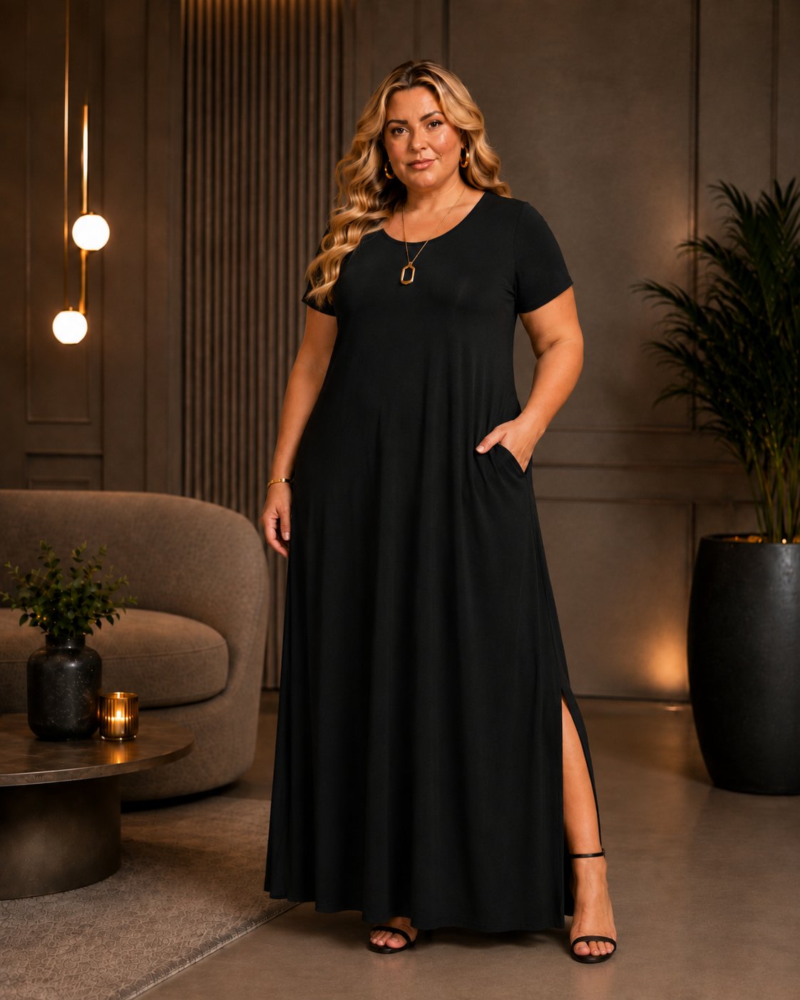 Modelo usando vestido longo preto VLM-222