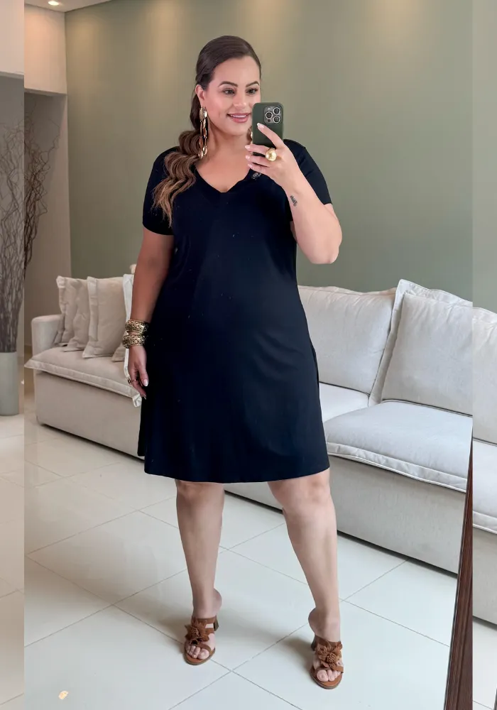 Vestido Plus Size Manga Curta Ref VMM-003 Preto PRETO