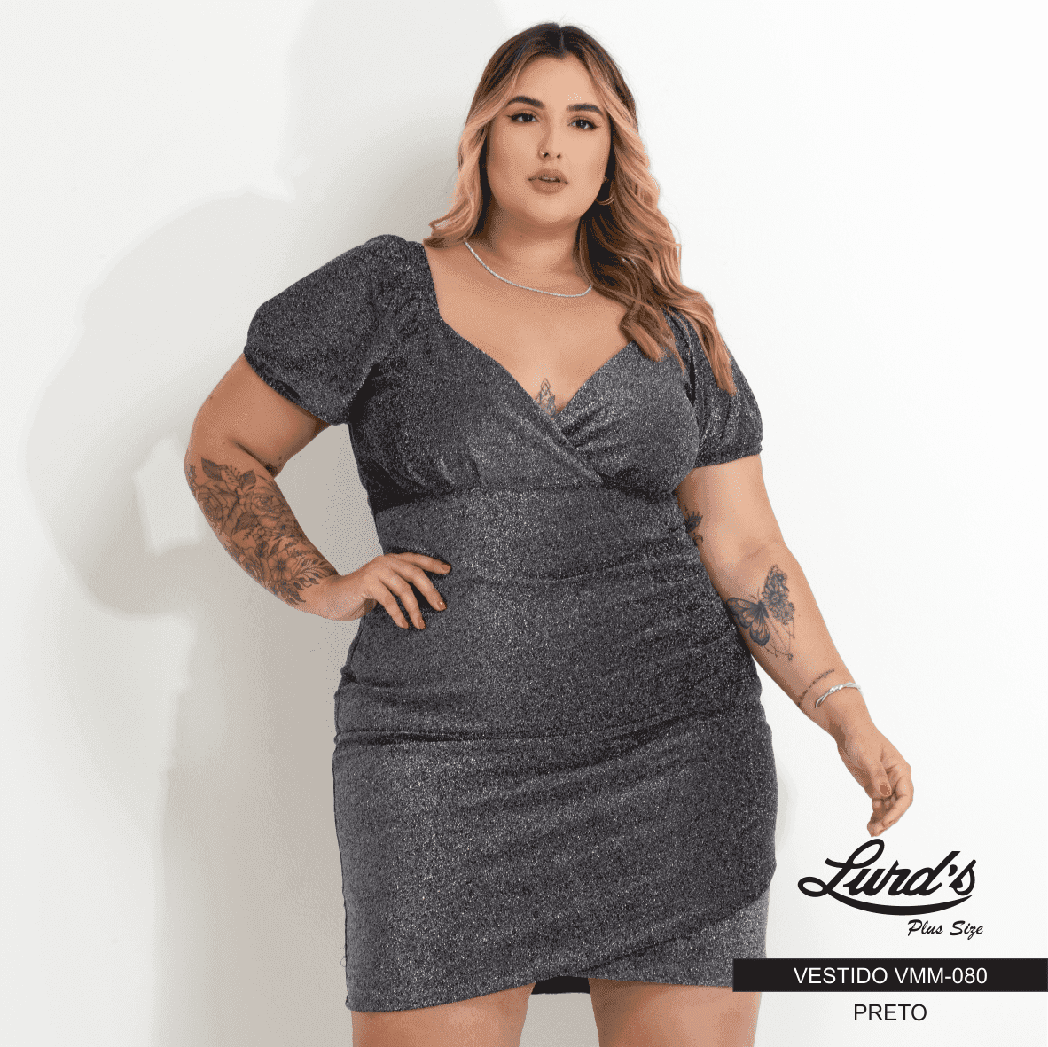Vestido Plus Size Manga Curta Ref VMM-080 Preto PRETO