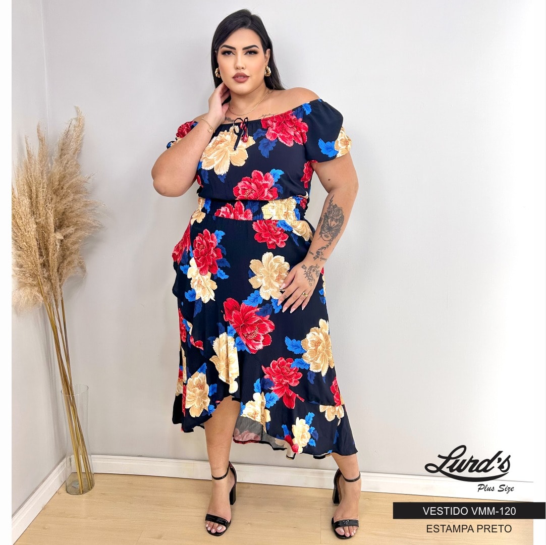 Vestido Mid Plus Size Manga Curta Estampa Laranja Marrie ESTAMPA PRETO