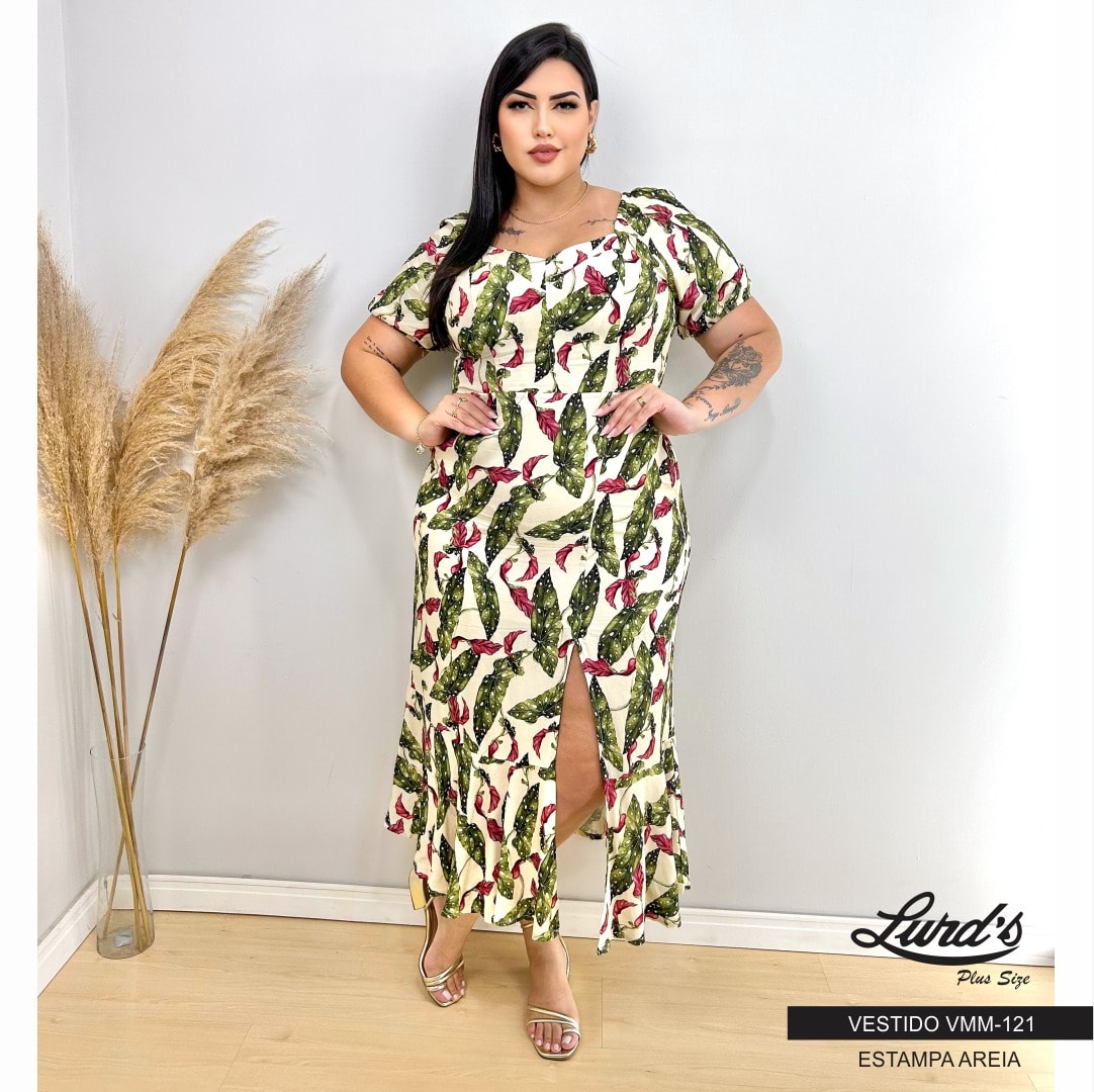 VESTIDO MID PLUS SIZE MANGA CURTA VMM-121 MARRIE ESTAMPA PRETO 46 ESTAMPA AREIA