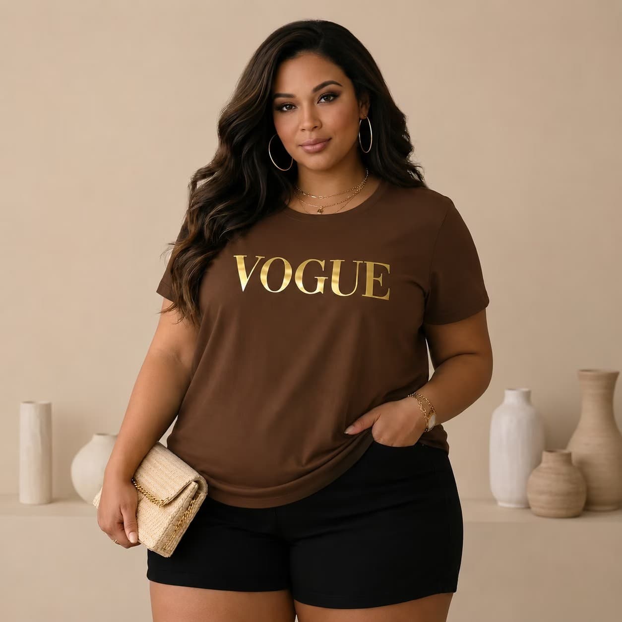 Blusa Feminina Manga Curta Plus Size Ref Vogue MARROM DOURADO