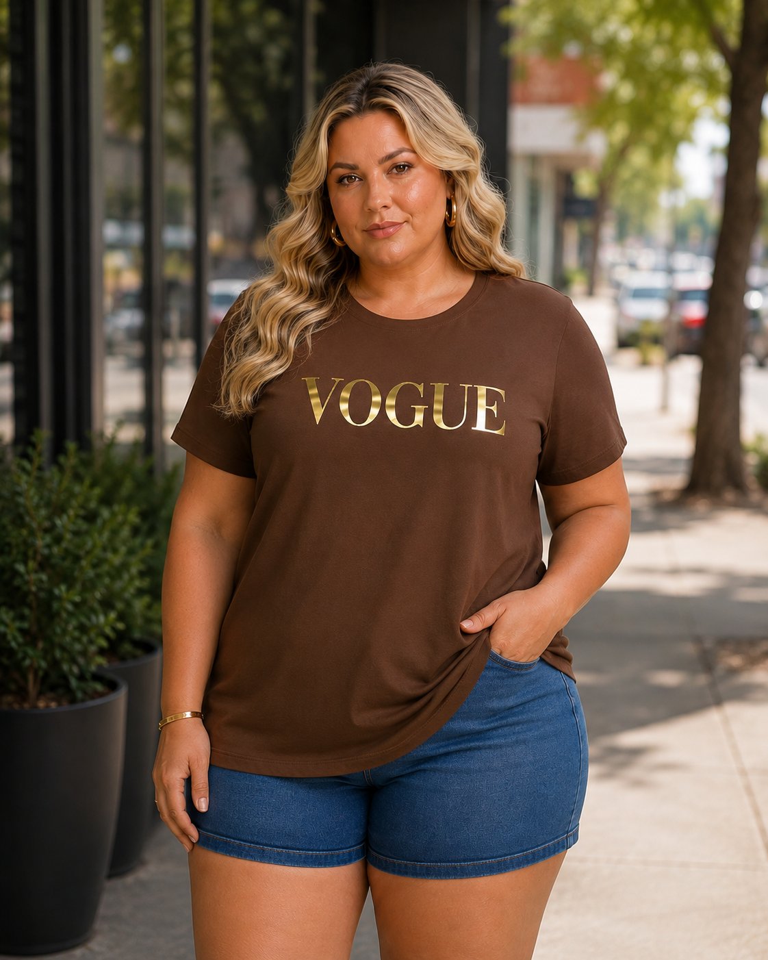 Blusa Feminina Manga Curta Plus Size Ref Vogue MARROM DOURADO