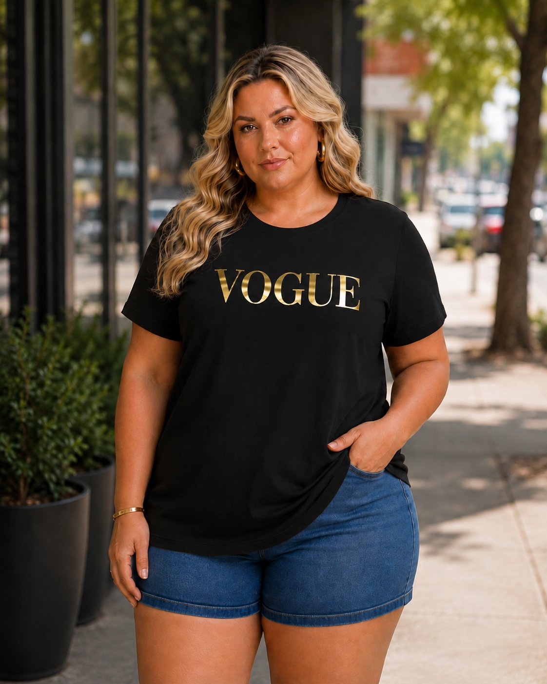 Blusa Feminina Manga Curta Plus Size Ref Vogue PRETO DOURADO