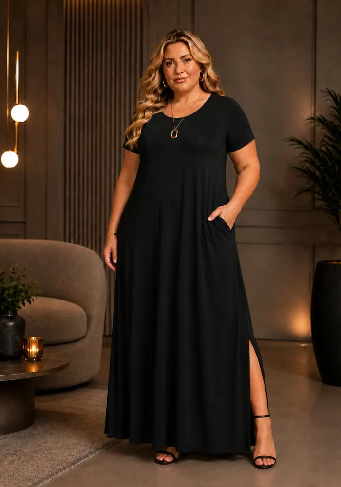 Modelo usando vestido longo preto VLM-222