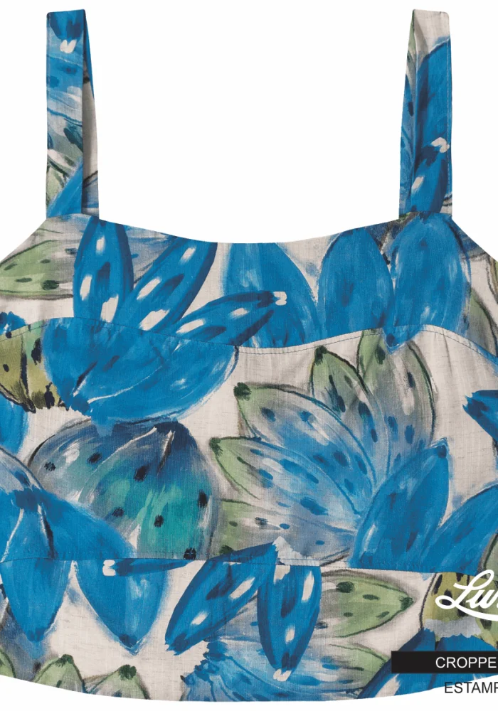 Cropped Feminino Plus Size Sem Manga Estampa Azul - 52