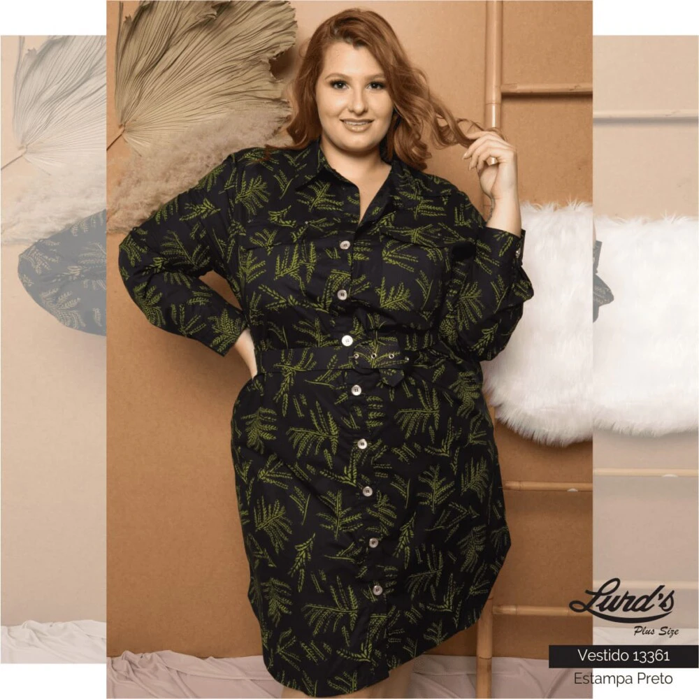 Vestido Feminino Plus Size Manga Longa Estampa Preto