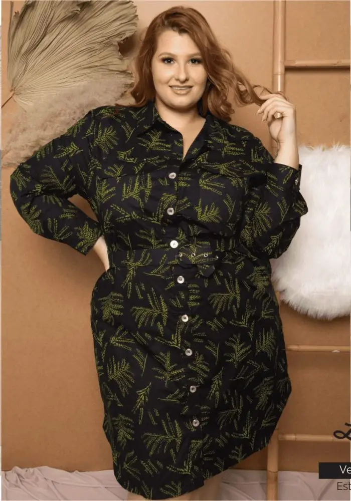 Vestido Feminino Plus Size Manga Longa Estampa Preto