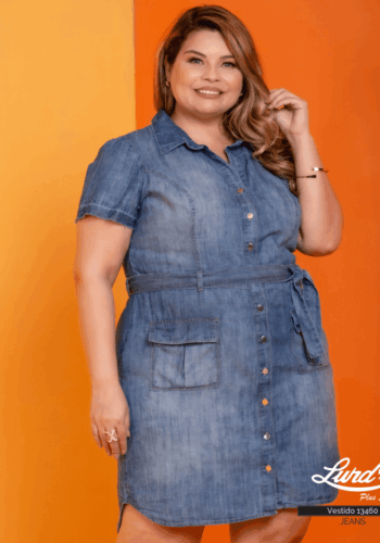 Vestido Plus Size Jeans Manga Curta - 54